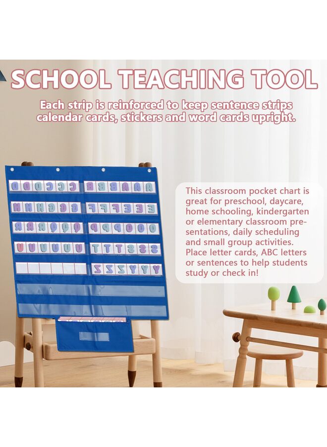 LAMAY Standard Pocket Chart for Classroom, Clear 7 Pockets Words Chart with Extra Zip Pocket for School Home Office Fits Standard, Word Cards, Calendar, Visual Schedule (Blue) - Image 3